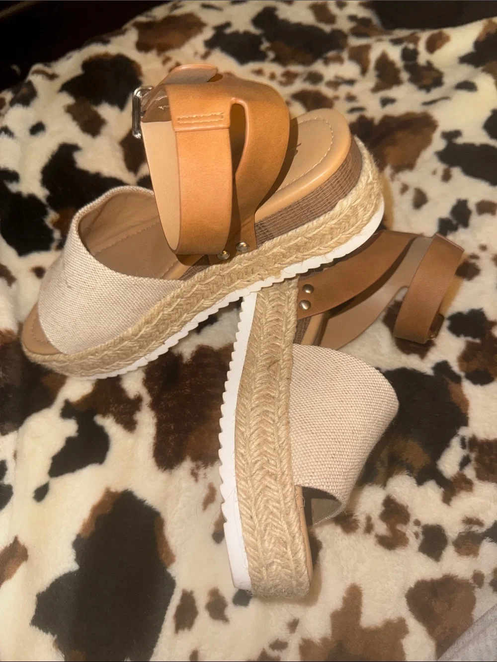 Soda Beige Canvas Espadrille Platform Sandals with Tan Ankle Strap